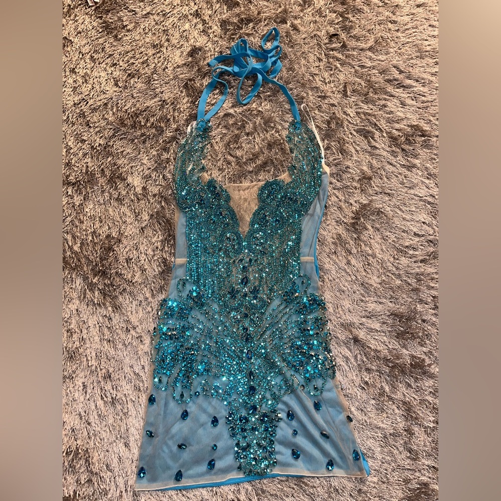 Blue Rhinestone Sheer Dress. Show stopper bling dress.